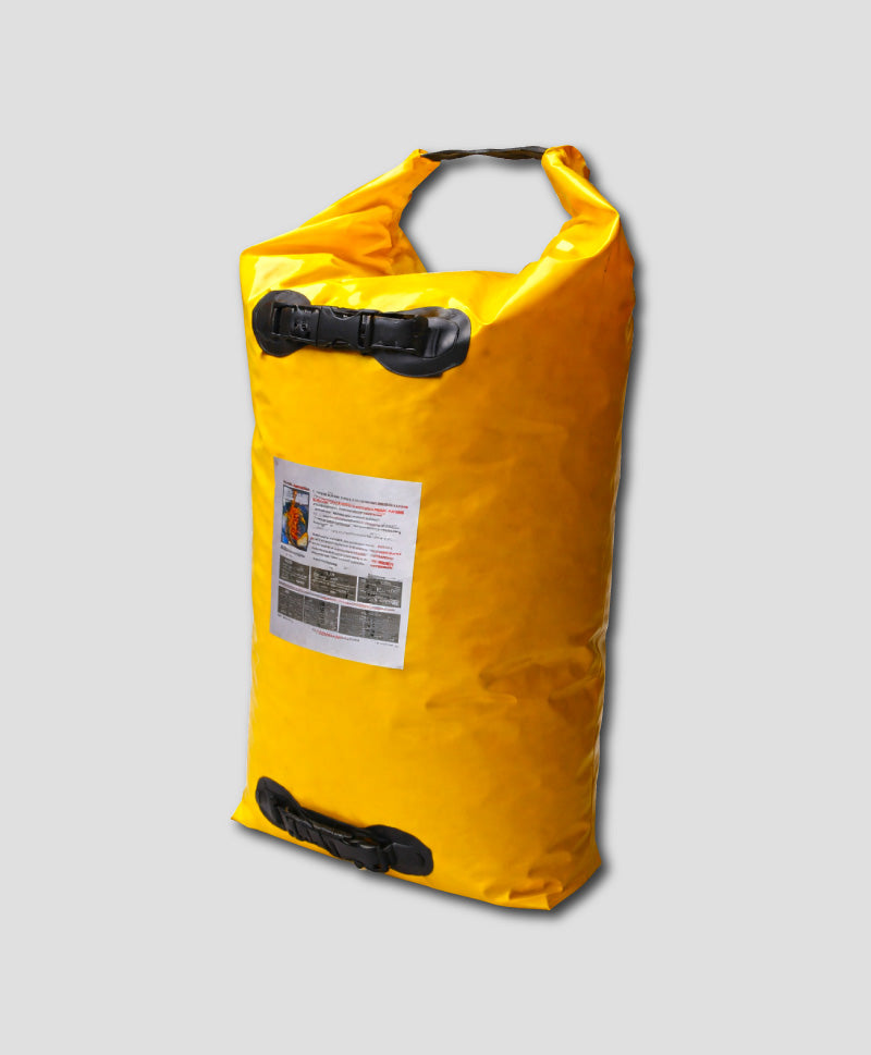 Yellow dry bag containing a fire blanket, with black straps on a gray background