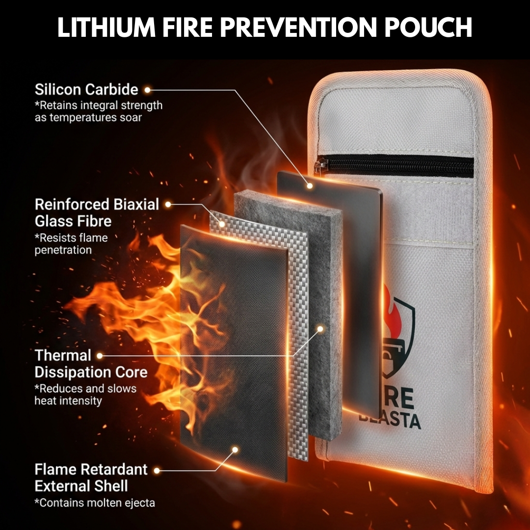 Lithium fire prevention pouch with thermal insulation materials and flame retardant features.
