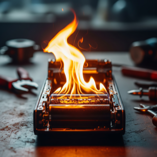 Flaming electronic device on a table with tools in the background