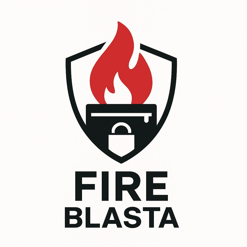Logo of Fire Blasta with a red flame and lock on a white background