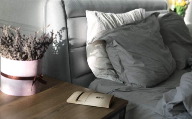 Gray sofa with pillows and a wooden side table with a Fire Blasta and decorative pot.