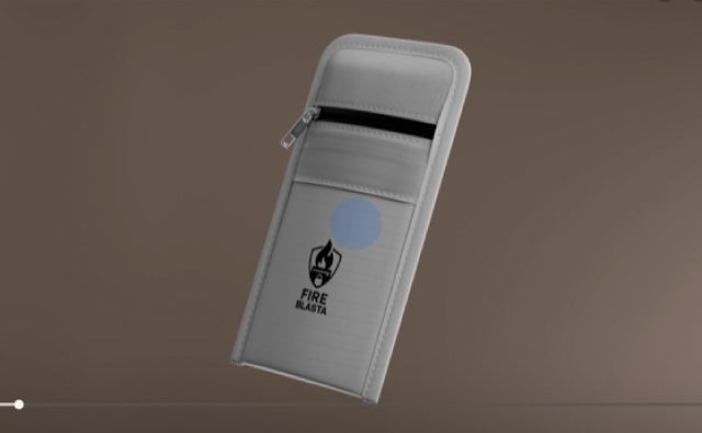 Gray pouch with a logo on a brown background