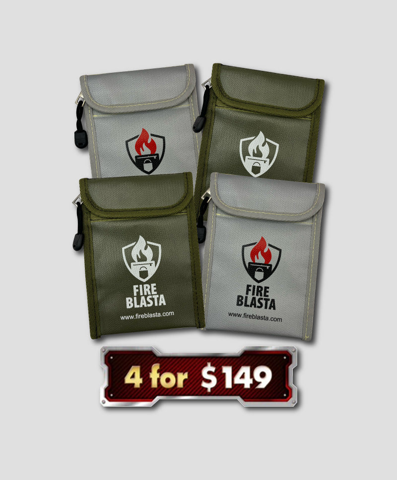 Four fire-resistant bags with 'Fire Blasta' logo on a fiery background