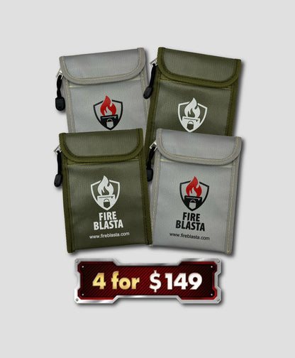 Four fire-resistant bags with 'Fire Blasta' logo on a fiery background