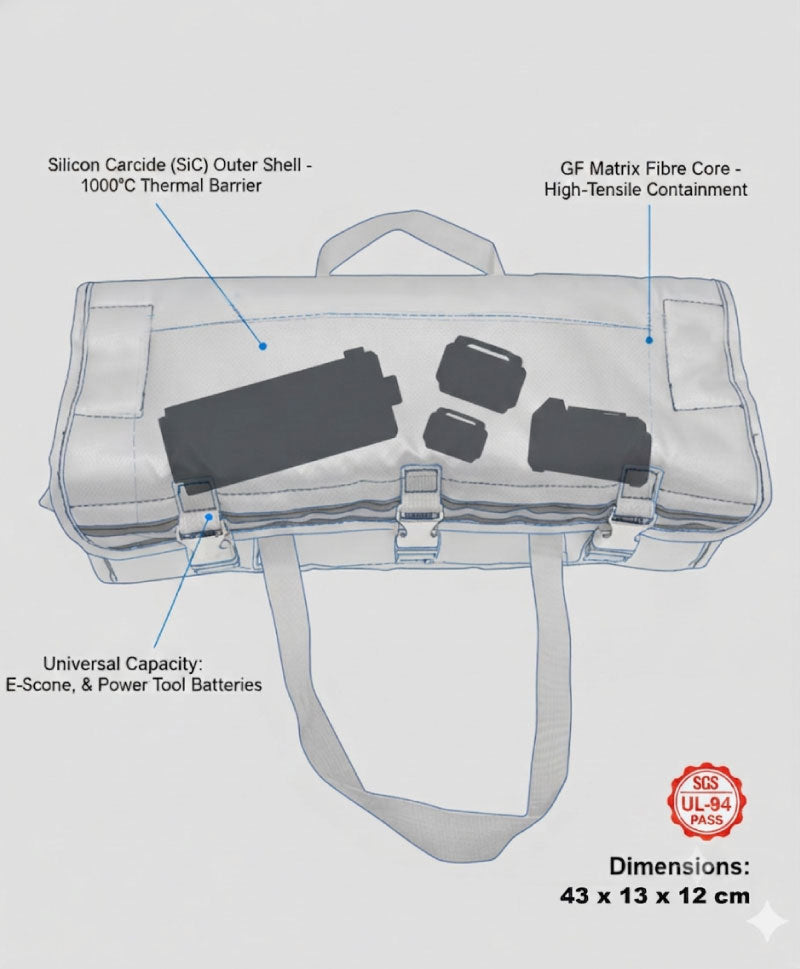 Technical diagram of a battery carrying case with labeled components on a gray background.