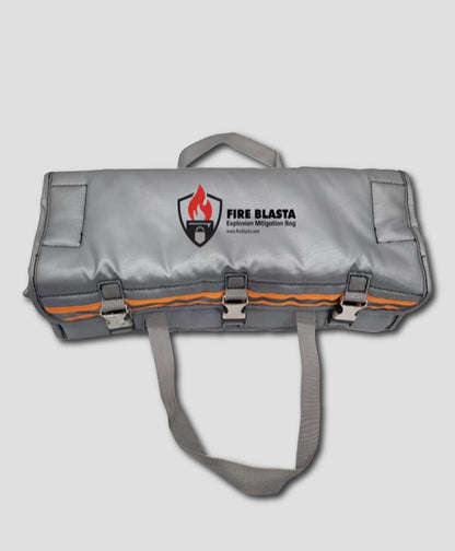 Gray fire mitigation bag with orange accents and 'Fire Blasta' logo on a light gray background