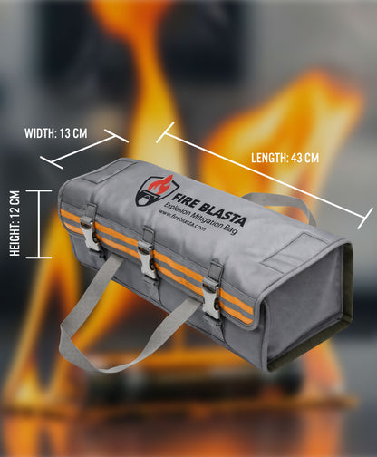Gray carrying case with measurements against a fiery background