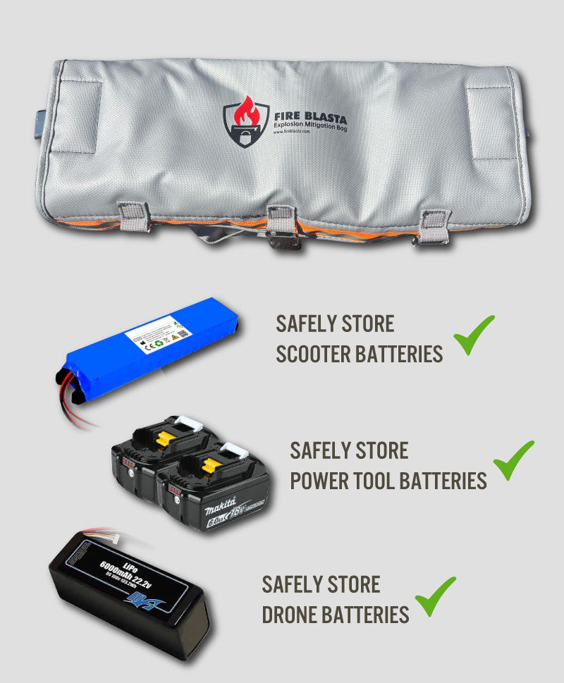Fire Blasta battery storage bag with illustrations of batteries and text on a light gray background
