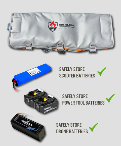 Fire Blasta battery storage bag with illustrations of batteries and text on a light gray background