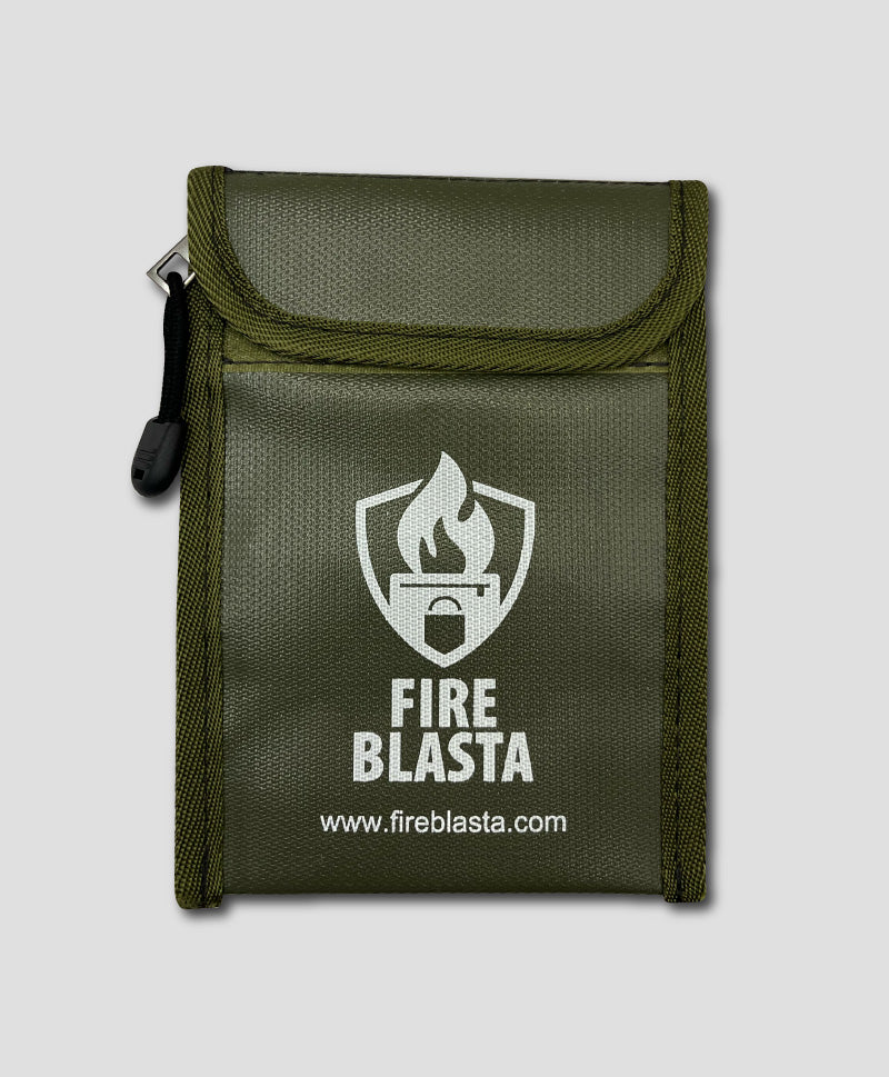 Green fire protection pouch with 'Fire Blasta' logo on a light gray background