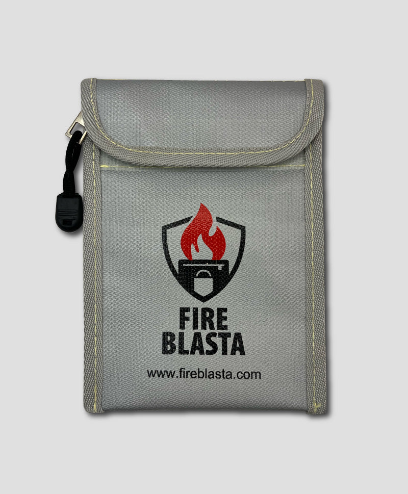 Gray pouch with Fire Blasta logo on a light gray background