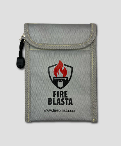 Gray pouch with Fire Blasta logo on a light gray background