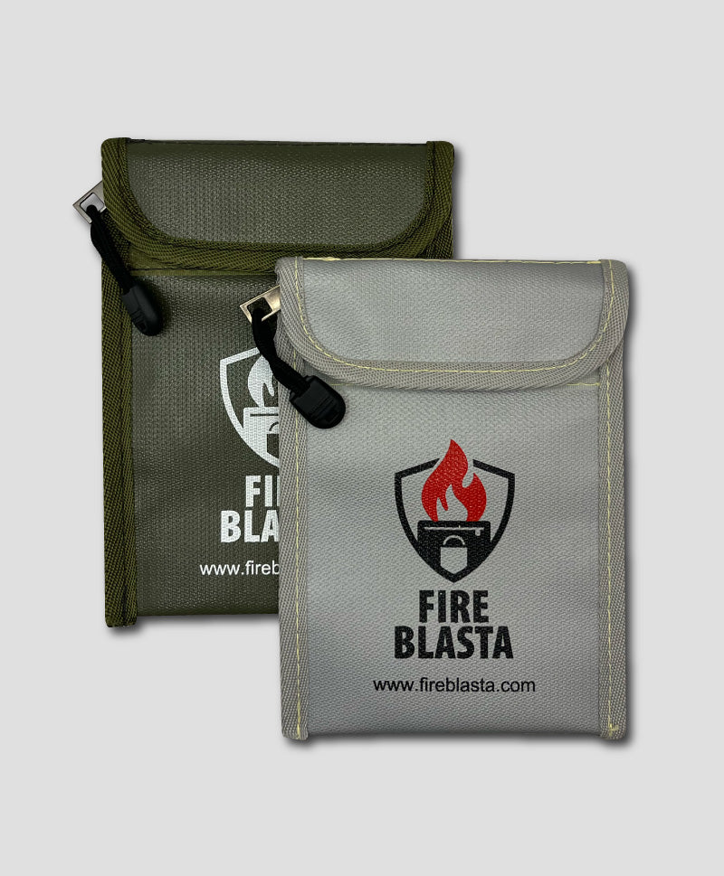 Two fireproof bags, one green and one gray, with Fire Blasta branding on a light gray background.