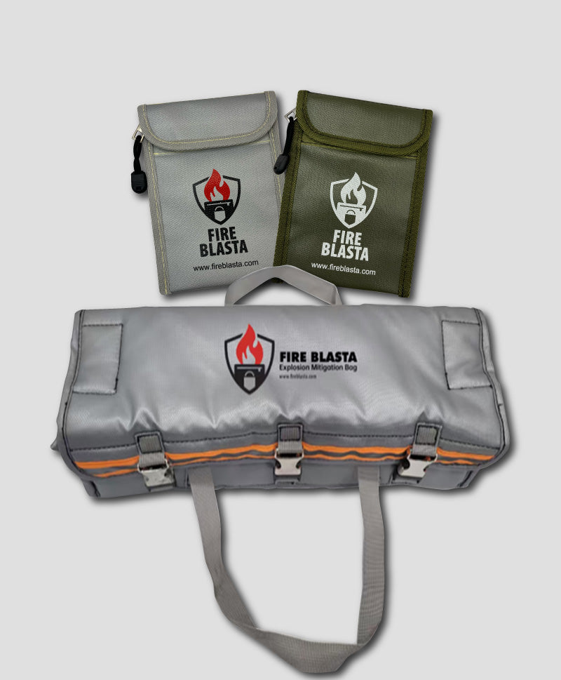 Fire Blasta safety equipment bags on a light gray background